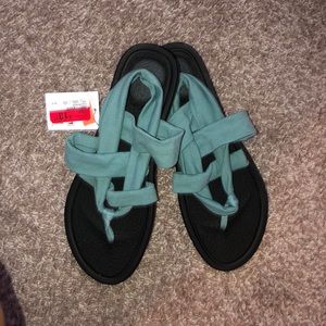 Size 11, Sanuk yoga sandals, blue/green